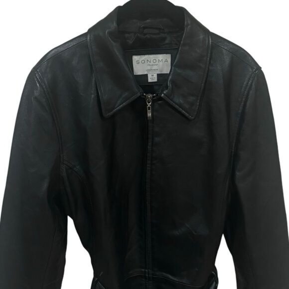 Y2K Sonoma Black Belted Mid-Length 100% Leather Jacket Capsule Penny Lane M - Picture 3 of 7